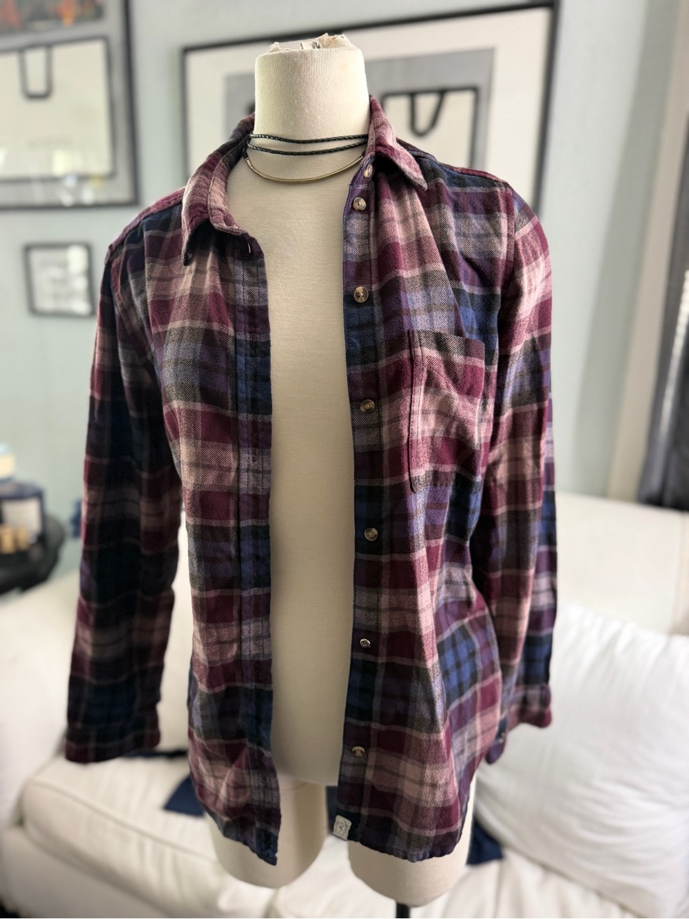 Y2K American Eagle Outfitters Burgundy and Navy Plaid Button-Down Shirt